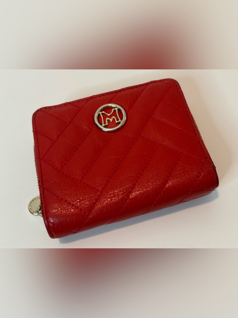 METROCITY ($210) Red Chevron Quilted Leather Half Compact Wallet AUTHENTIC